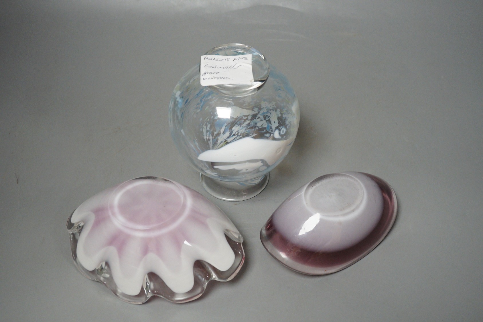 A Muller Freres studio glass vase and two Flygfoys (glass dishes) (3), tallest 13cm